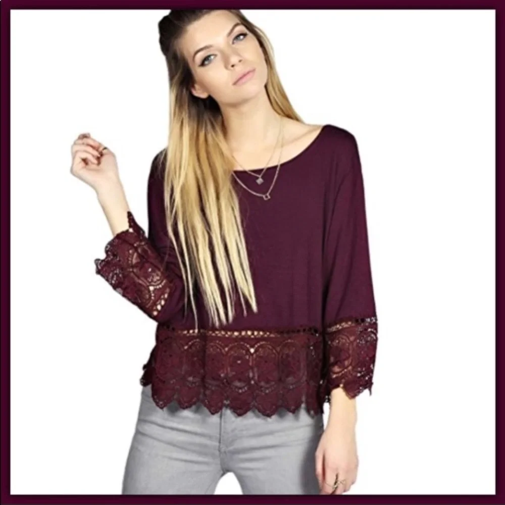 💥 SALE Lace Trim and Cuffs Cropped Scoop Neck Top Burgundy - Picture 1 of 5